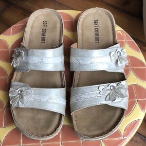 Silver Slide Sandals with Floral Detail